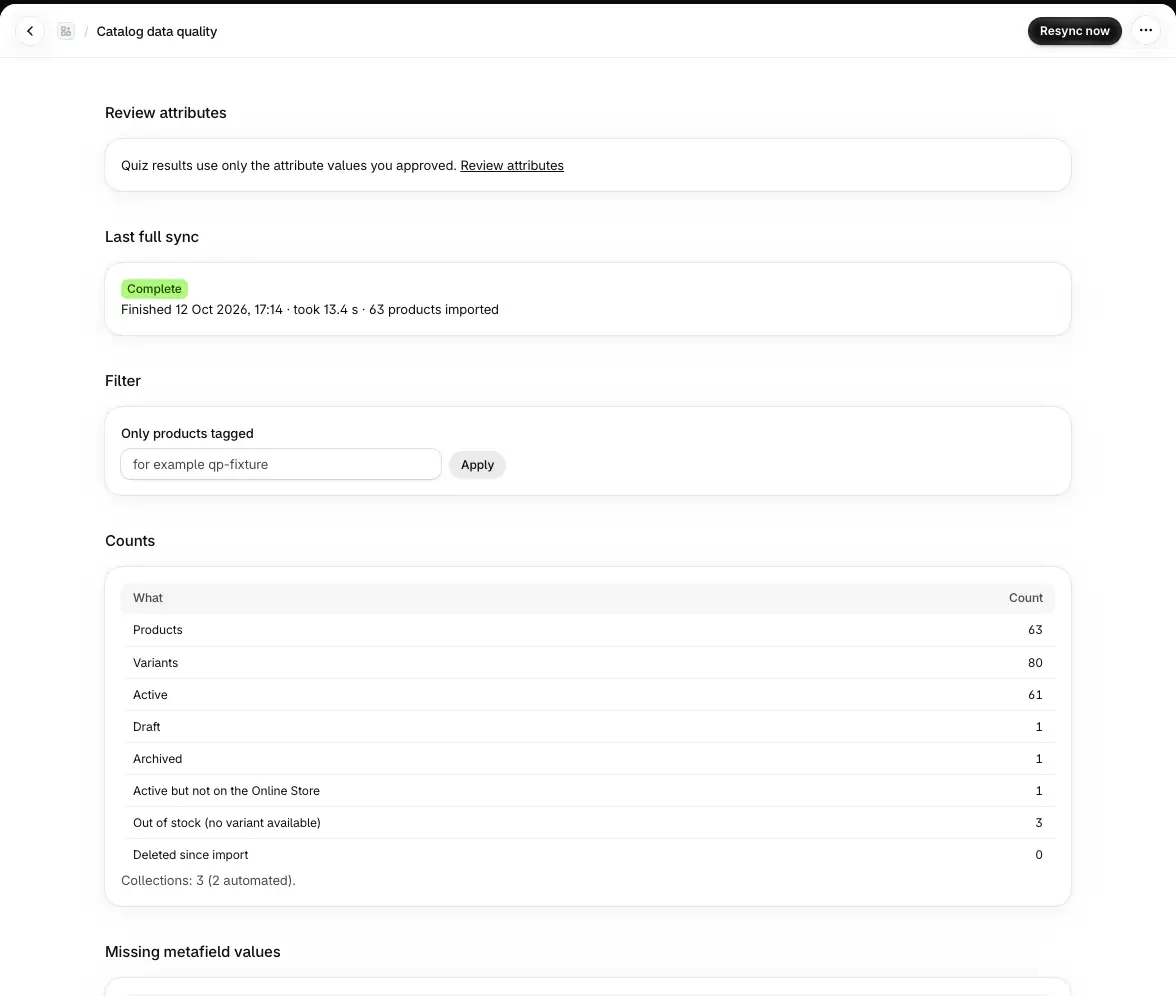 Catalog data quality: last full sync, counts and missing metafield values
