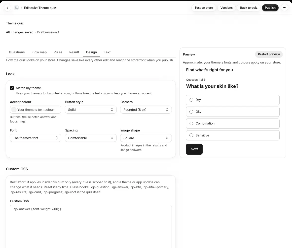 The Design tab: Match my theme, accent colour, button style, corners, font, spacing and image shape