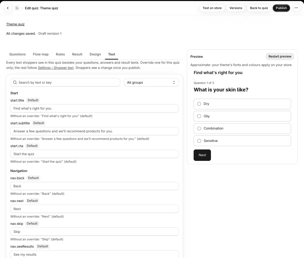 The Text tab: each shopper text with its source and the default it replaces