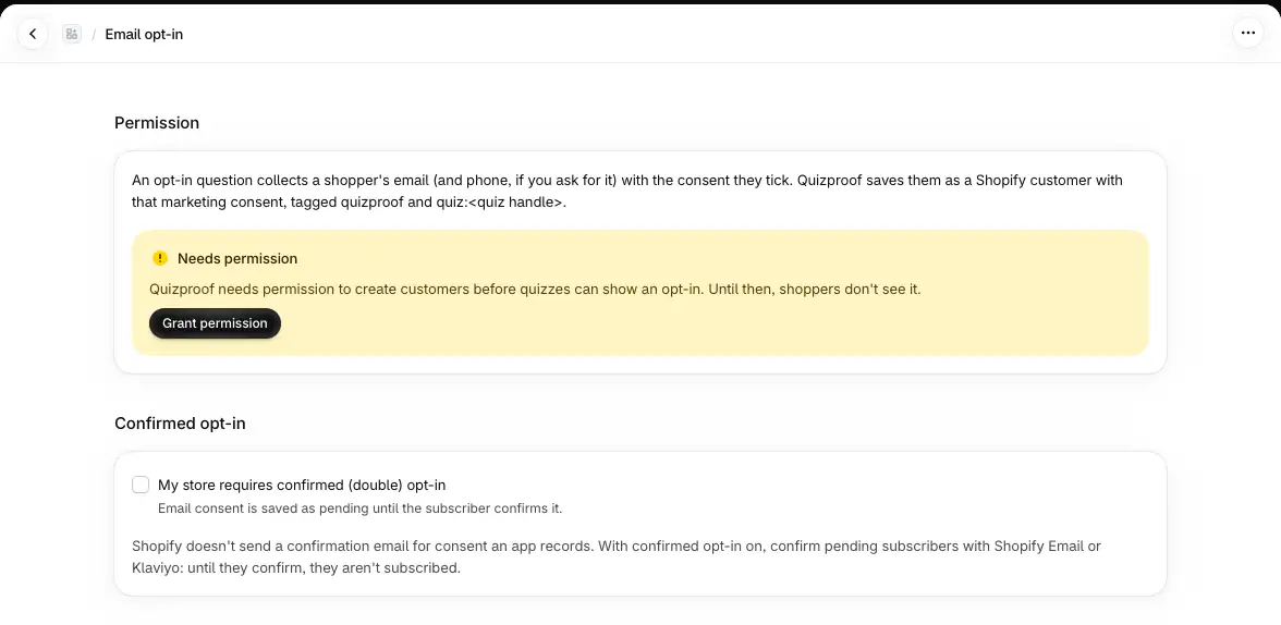 Settings › Email opt-in: the permission and the confirmed opt-in setting