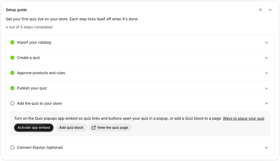 The setup guide on Home, four of five steps done