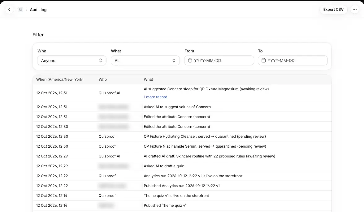 The audit log with its filters