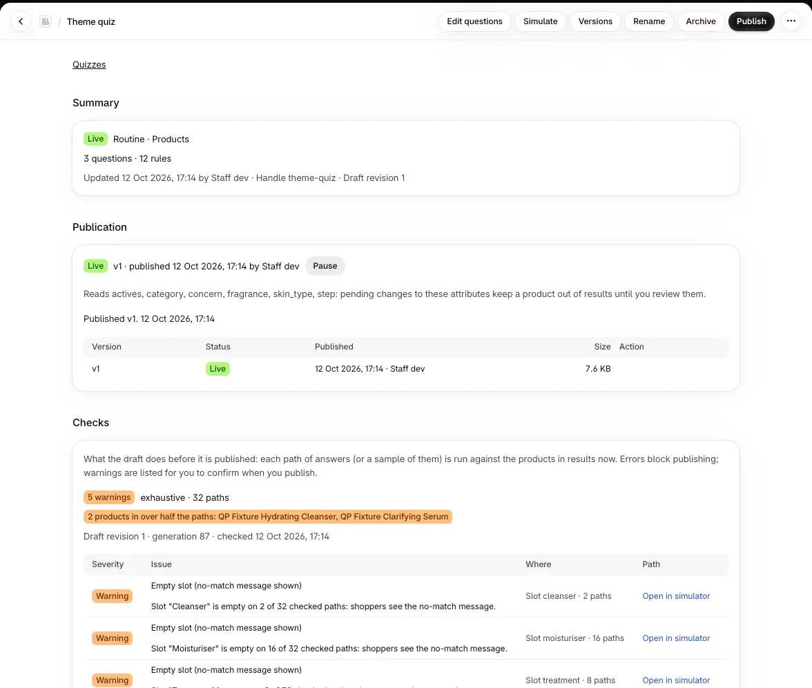 The quiz page: Publication with the live version and Pause