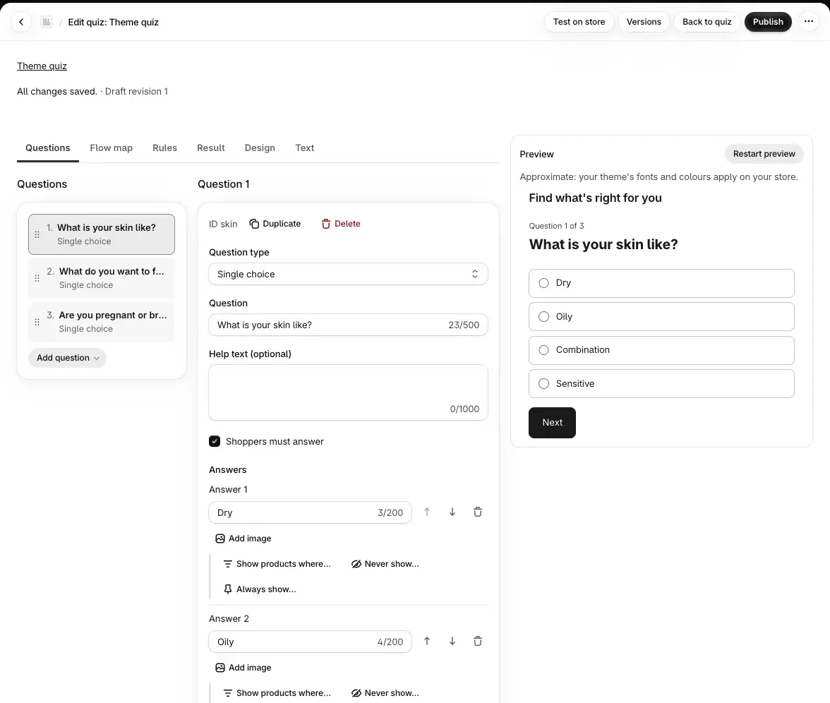 The Questions tab: the question list, the question form and the live preview