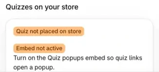Home's "Quizzes on your store" card with the embed not active