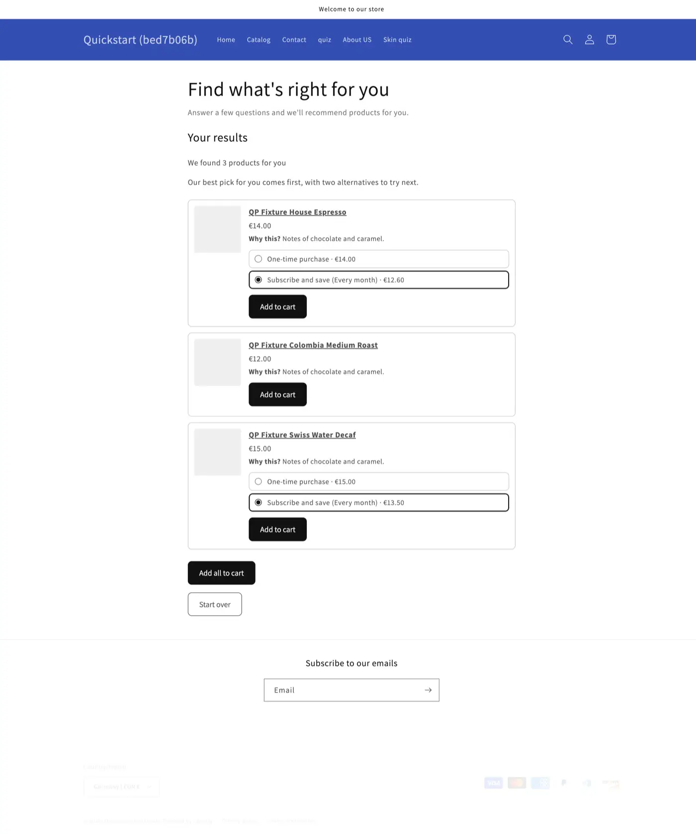 Quiz results with prices, a subscription choice and Add to cart